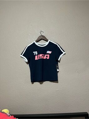 Grayson Threads Navy Tee with Pink USA Graphic and White Trim